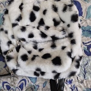 Faux Fur Dalmatian Print Backpack - White & Black
